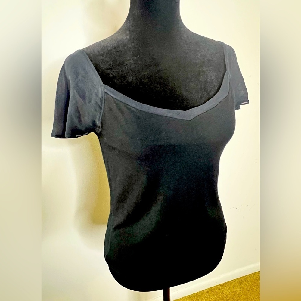 LAUREN Ralph Lauren black Rayon Jersey Top with georgette cap sleeves med EUC